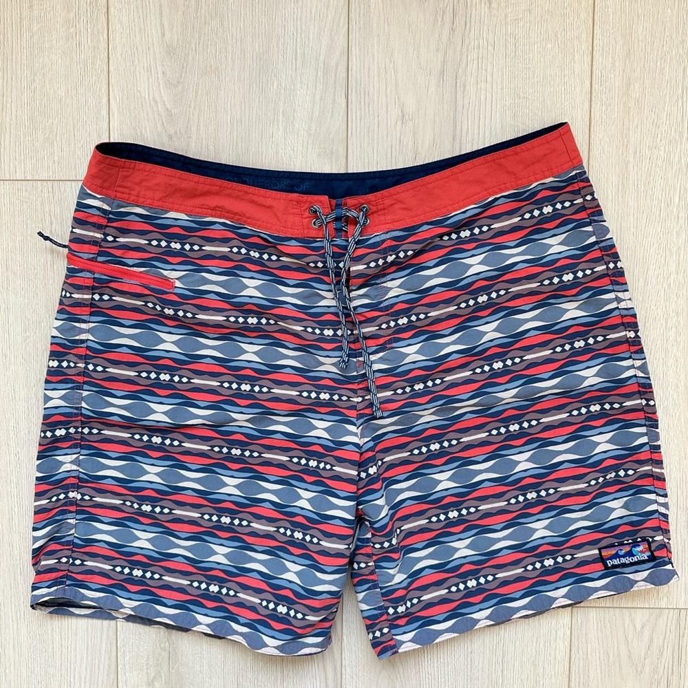 Patagonia Red and Blue Wave-Stripe Board Shorts